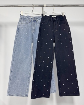 Sequins straight loose jeans heart rhinestone long pants