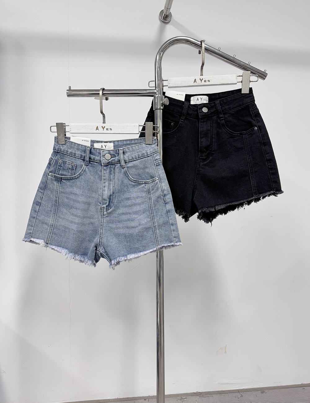 Splice spring and summer high waist burr short jeans