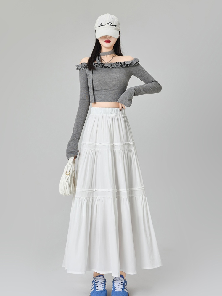 Long slim A-line white splice spring all-match skirt