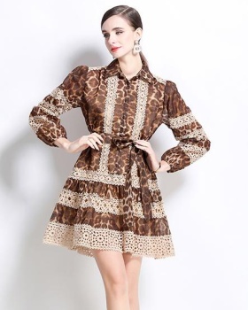 Splice retro printing long sleeve lace leopard dress