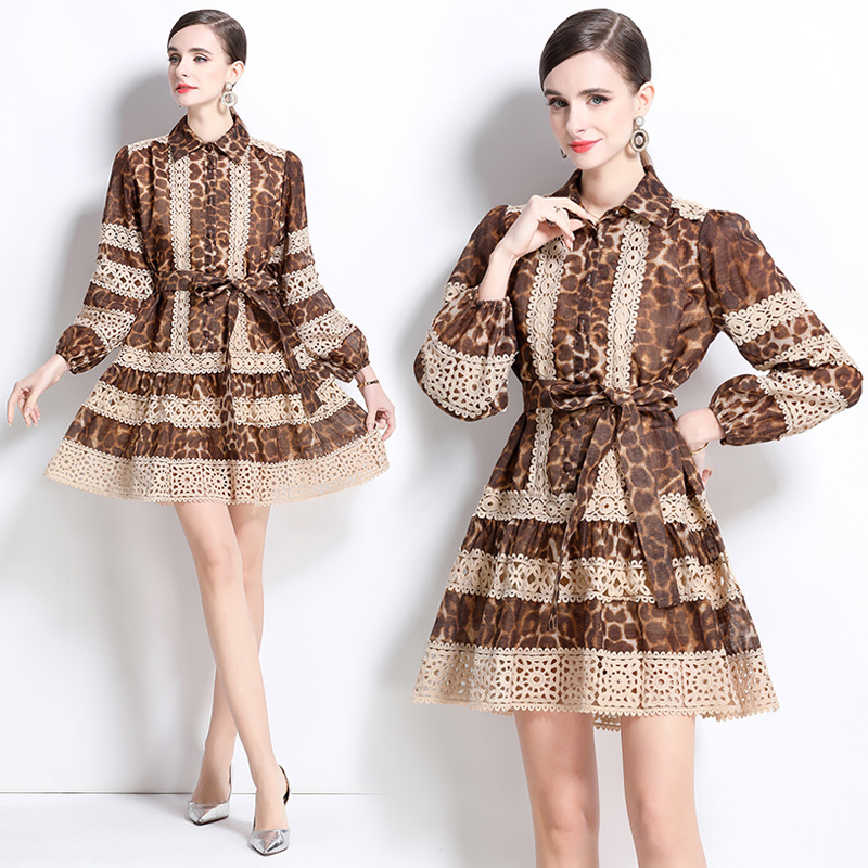 Splice retro printing long sleeve lace leopard dress