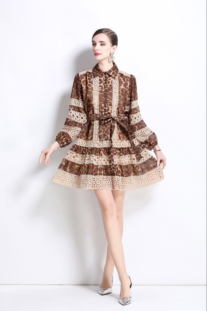 Splice retro printing long sleeve lace leopard dress