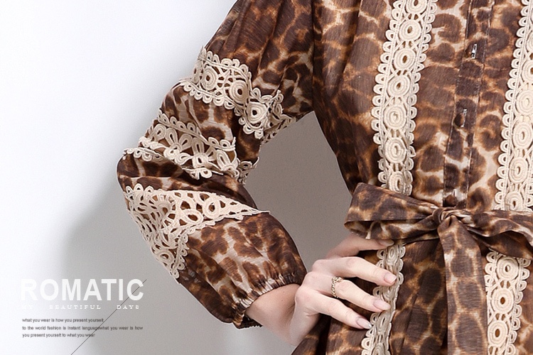 Splice retro printing long sleeve lace leopard dress