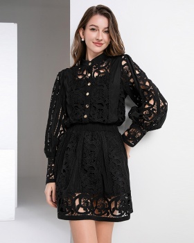 Court style embroidery hollow short skirt 2pcs set