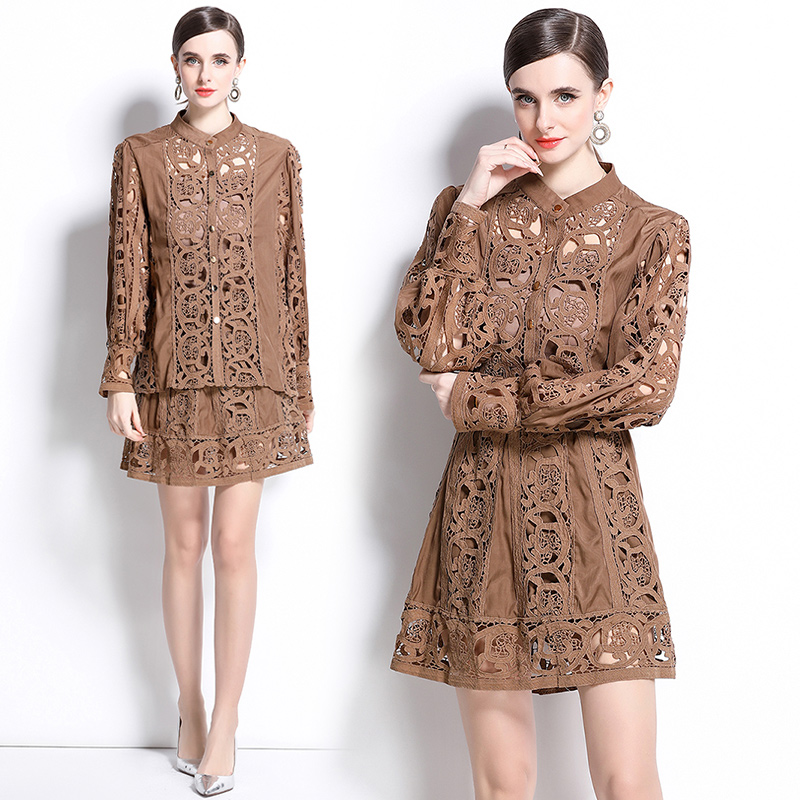 Temperament long sleeve retro short skirt 2pcs set