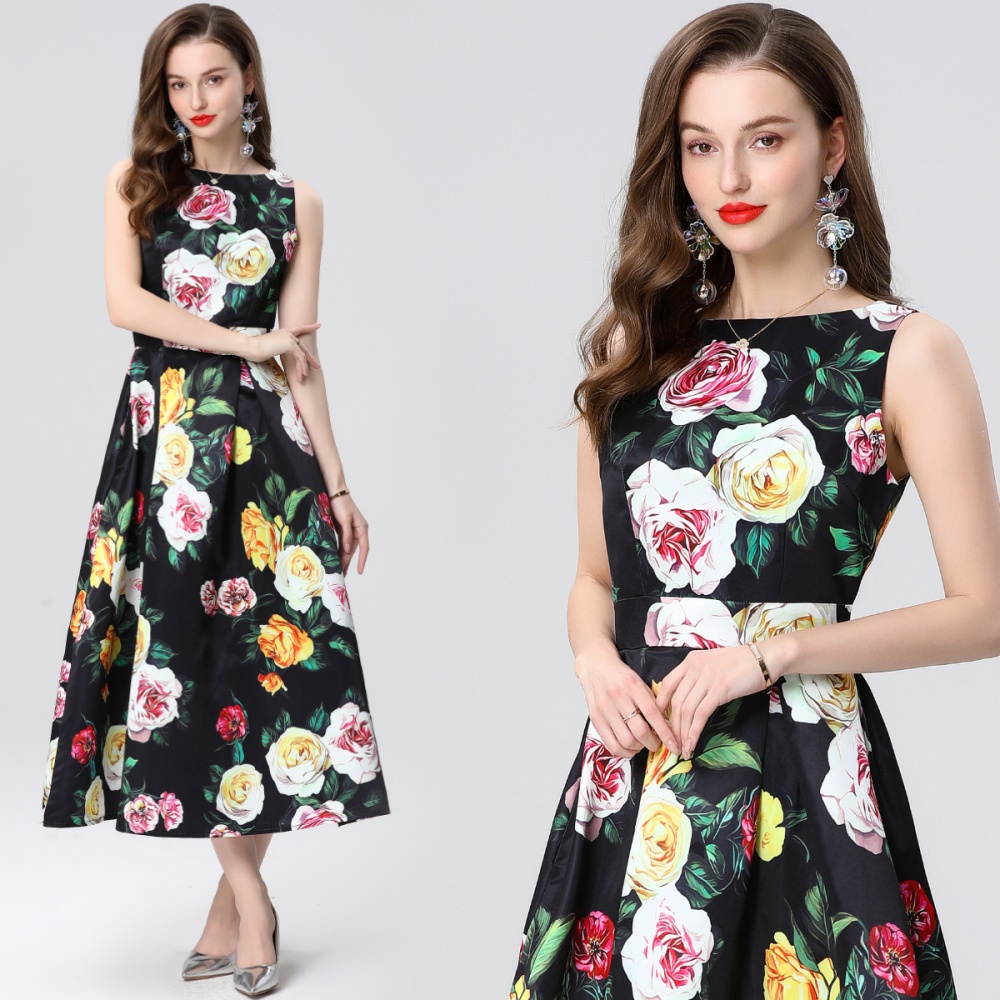 High waist A-line pinched waist sleeveless dress