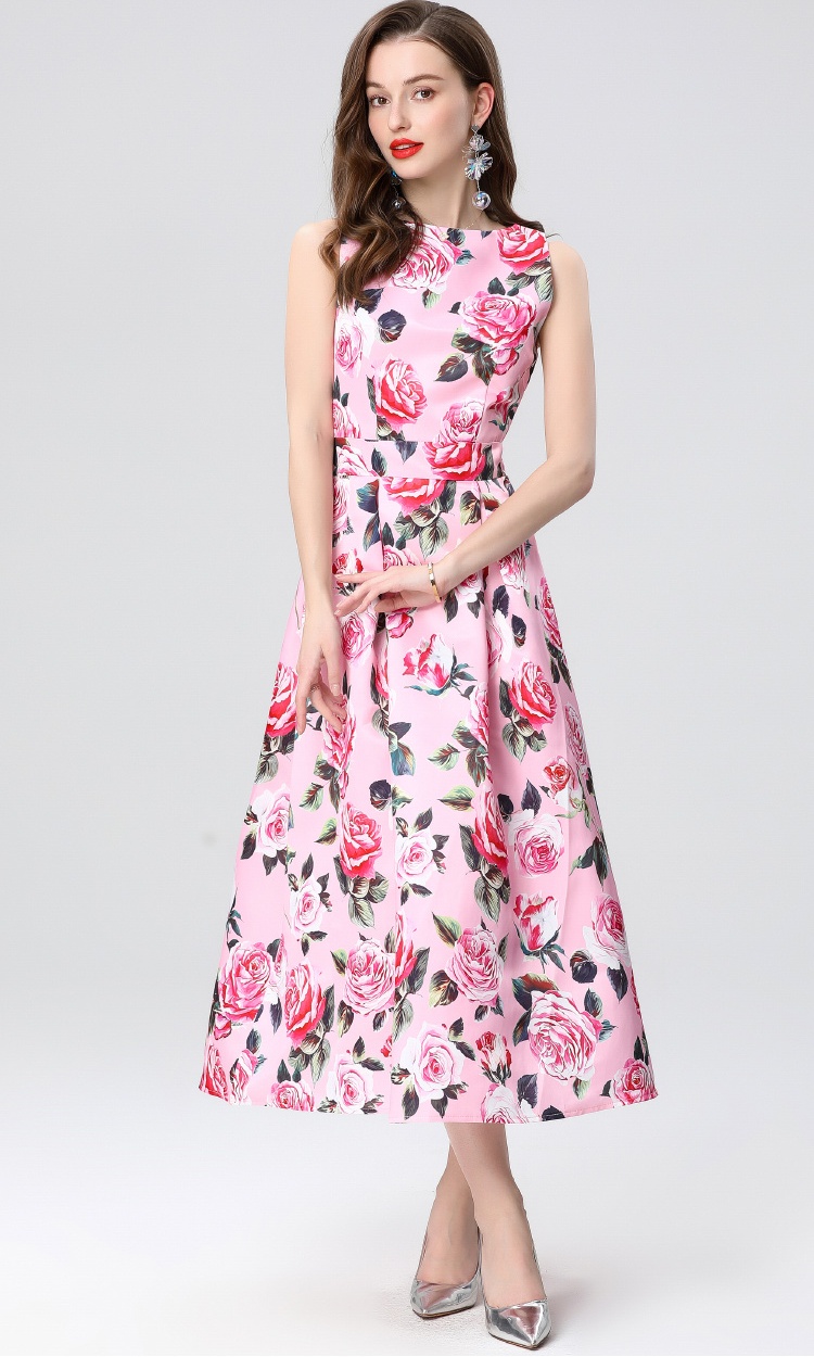 Clipping pinched waist sleeveless A-line high waist dress