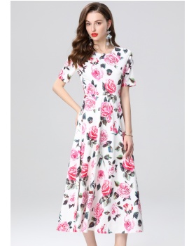 Pinched waist printing short sleeve slim long dress