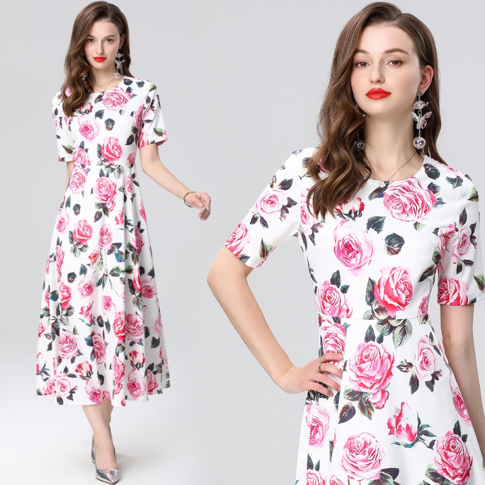 Pinched waist printing short sleeve slim long dress