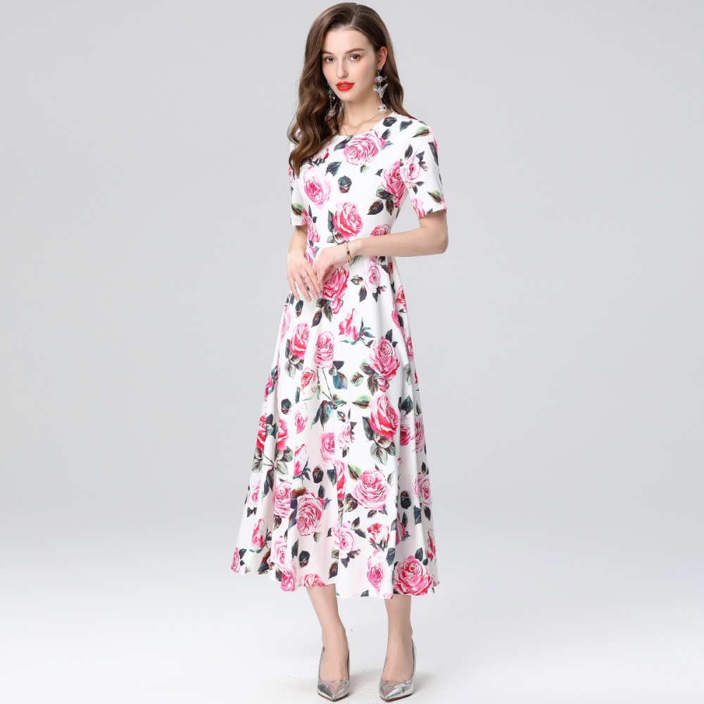 Pinched waist printing short sleeve slim long dress