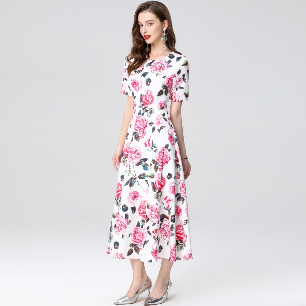 Pinched waist printing short sleeve slim long dress