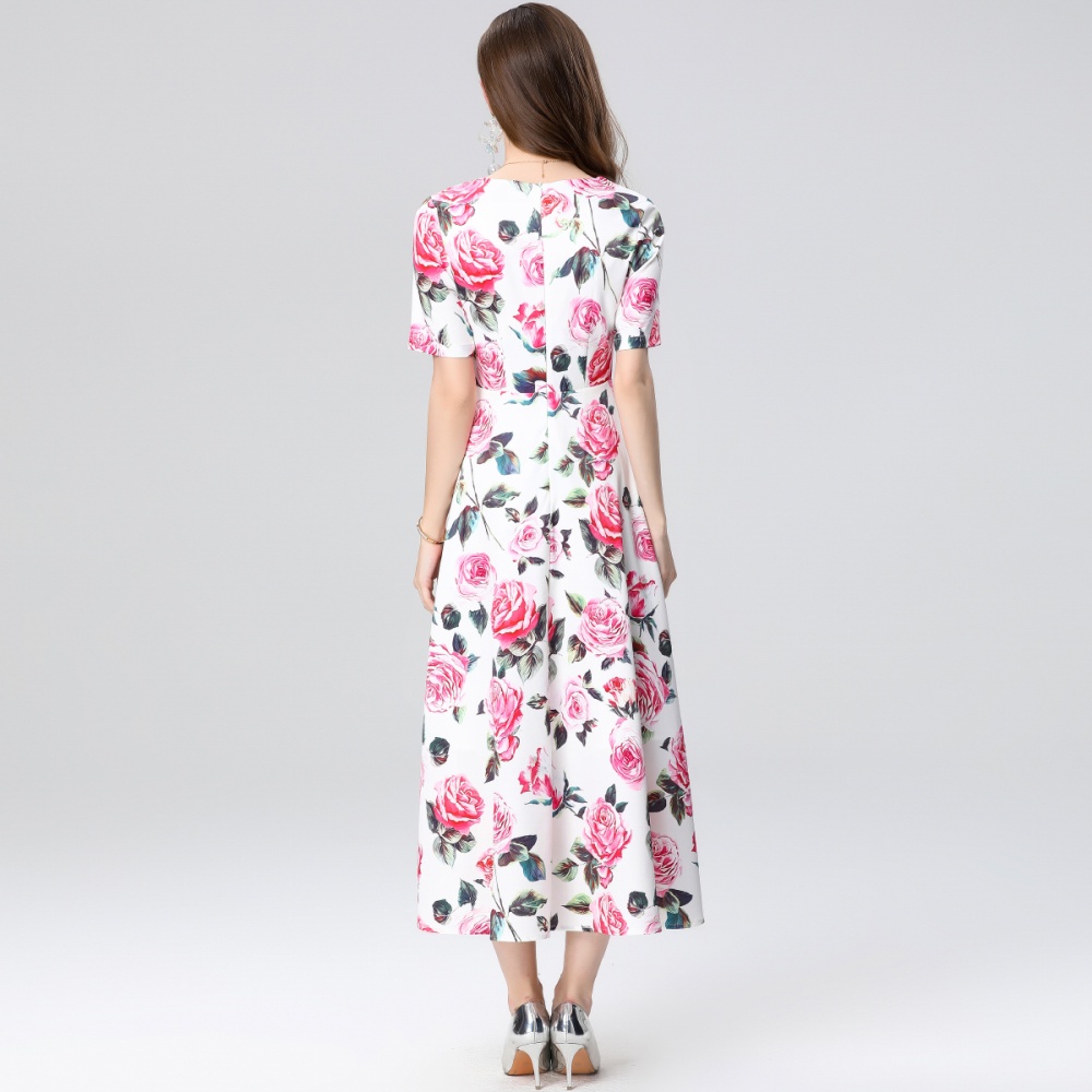 Pinched waist printing short sleeve slim long dress