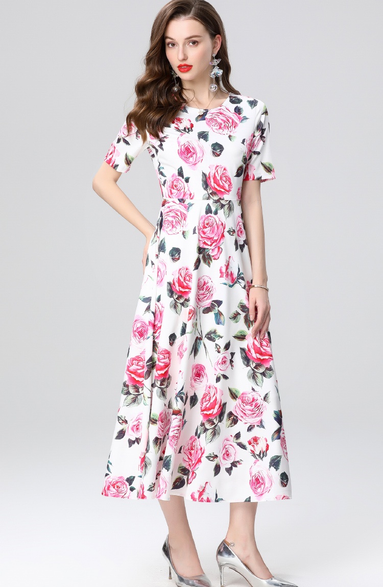 Pinched waist printing short sleeve slim long dress