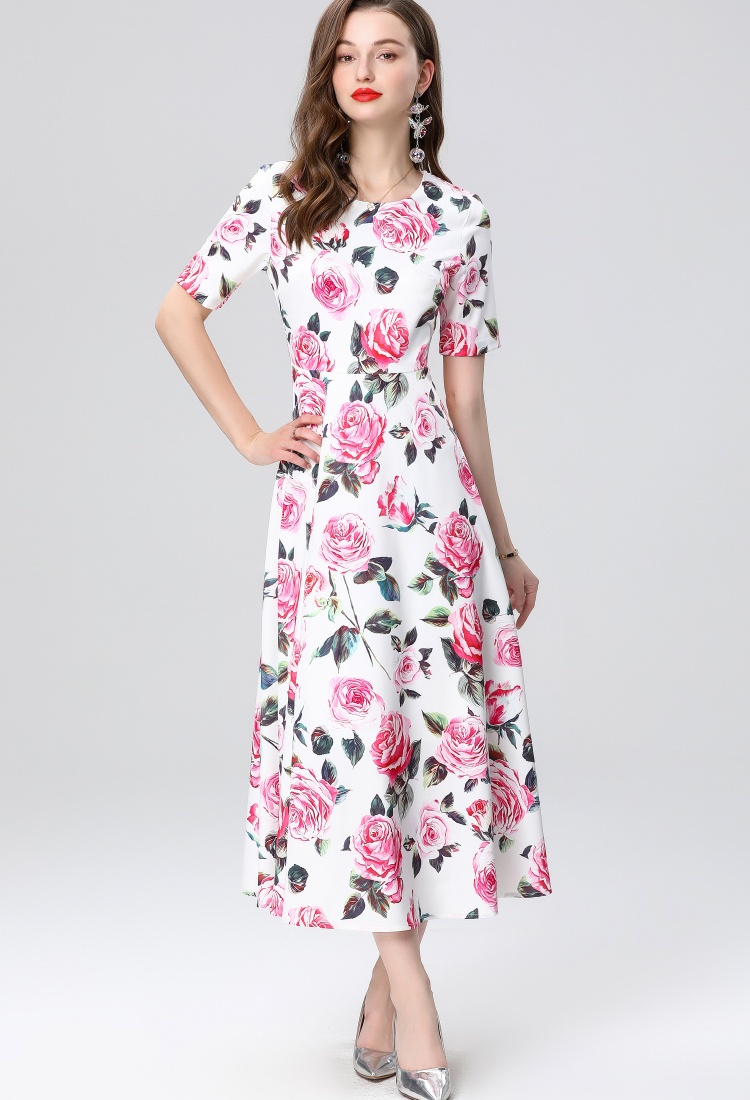 Pinched waist printing short sleeve slim long dress