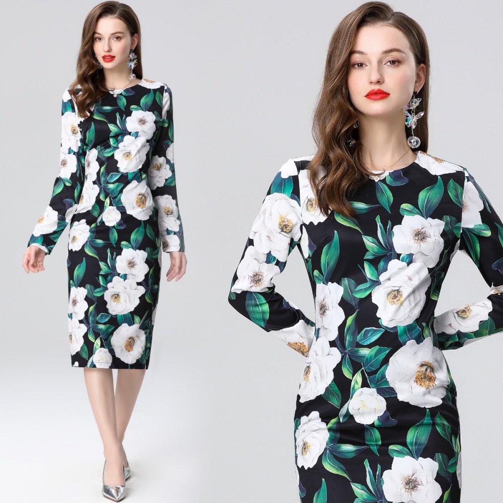 Printing slim long sleeve high waist package hip dress