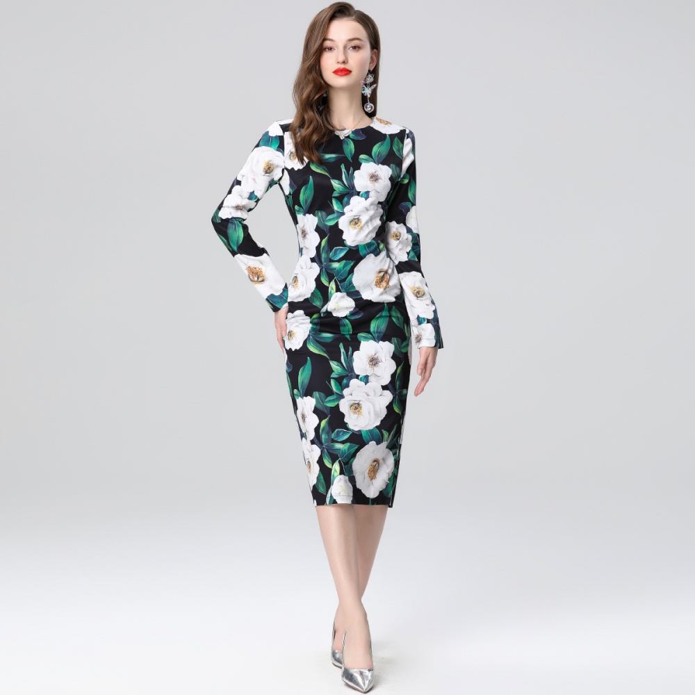 Printing slim long sleeve high waist package hip dress