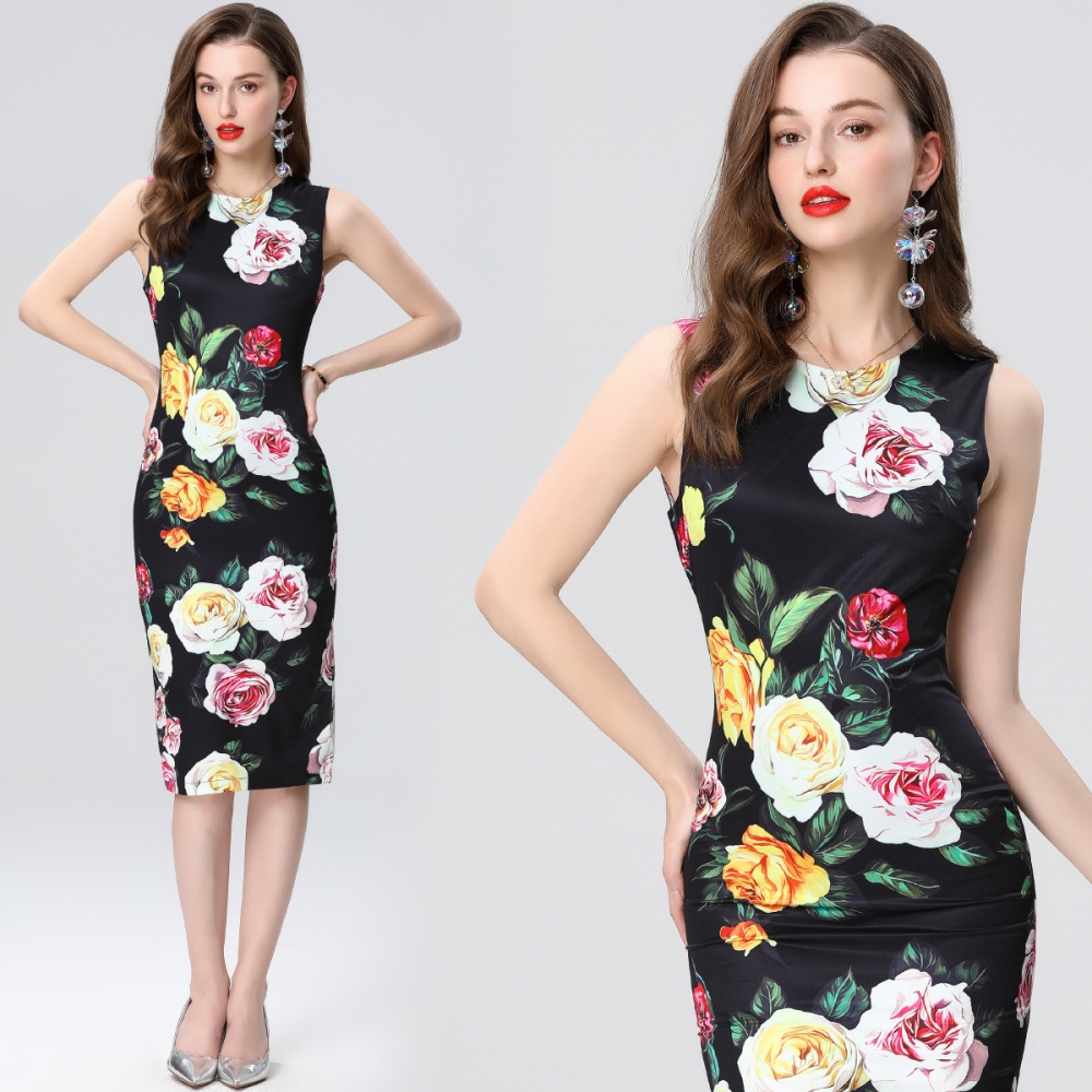 Package hip sleeveless round neck printing slim dress