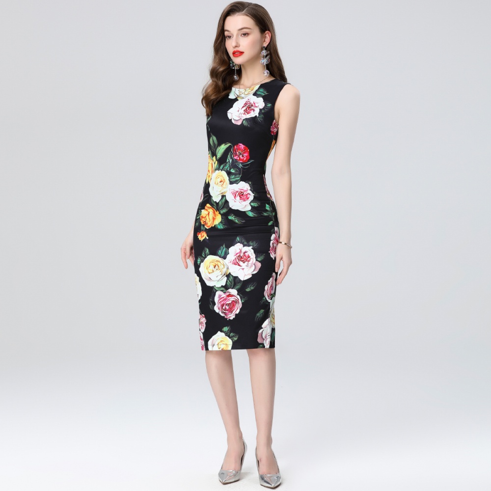 Package hip sleeveless round neck printing slim dress