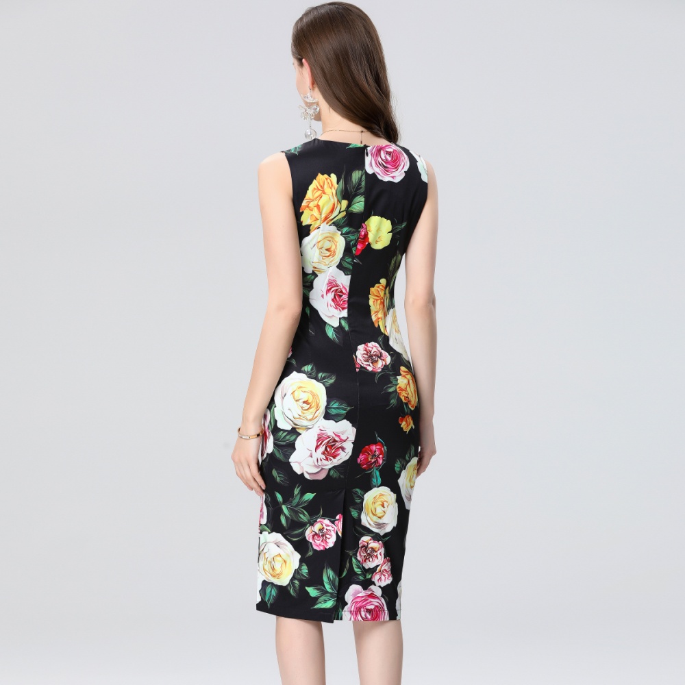 Package hip sleeveless round neck printing slim dress