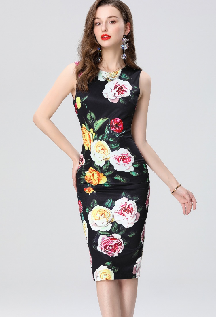 Package hip sleeveless round neck printing slim dress