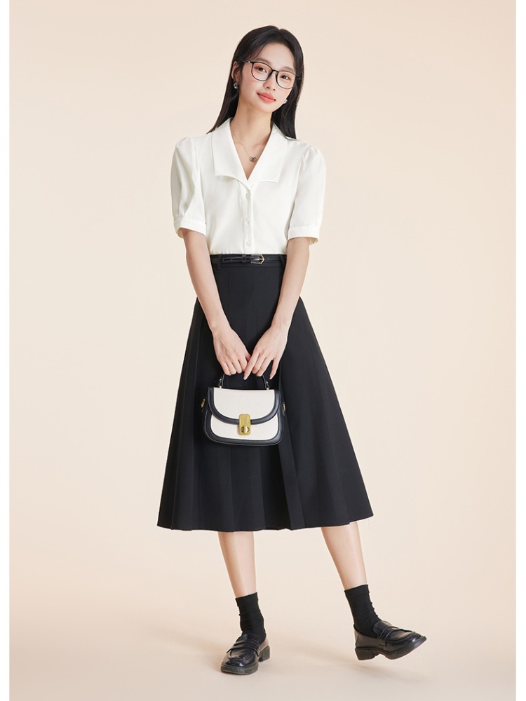 Summer chiffon skirt swallow collar shirt 2pcs set