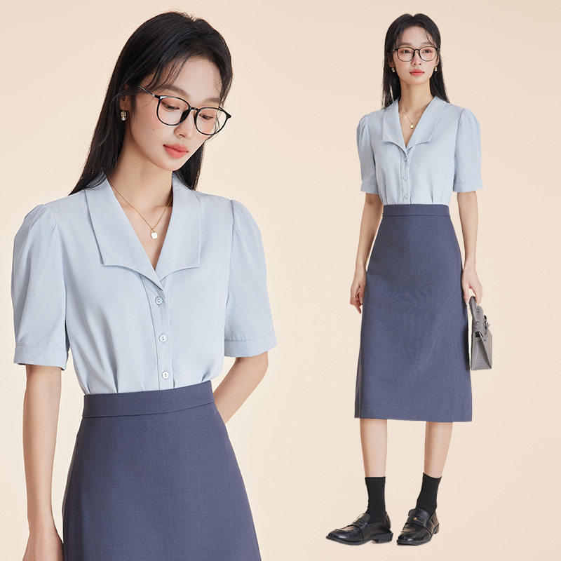 Summer chiffon skirt swallow collar shirt 2pcs set