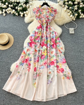 Printing V-neck spring dress temperament slim long dress