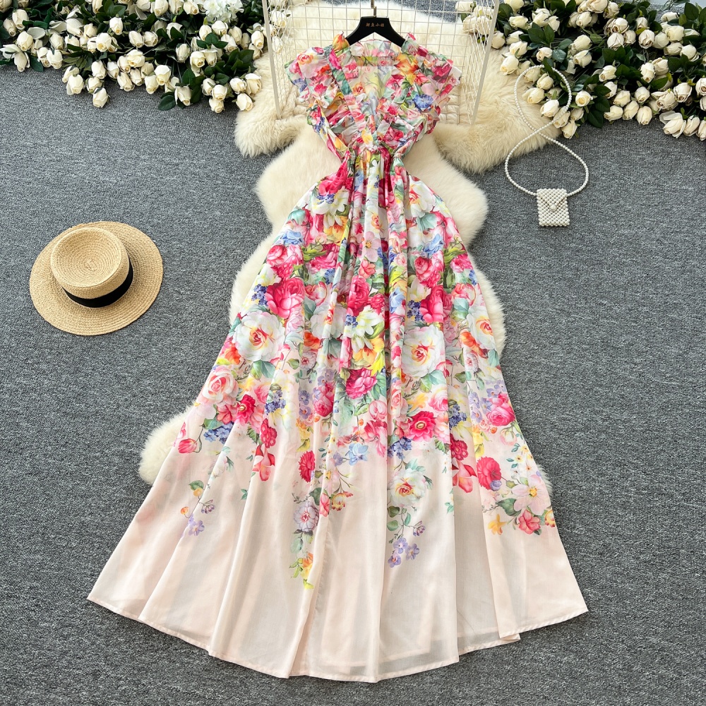 Printing V-neck spring dress temperament slim long dress