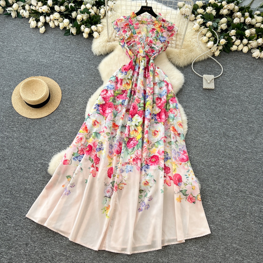 Printing V-neck spring dress temperament slim long dress