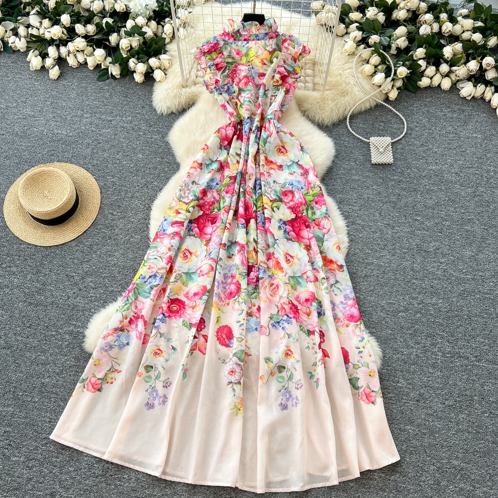 Printing V-neck spring dress temperament slim long dress