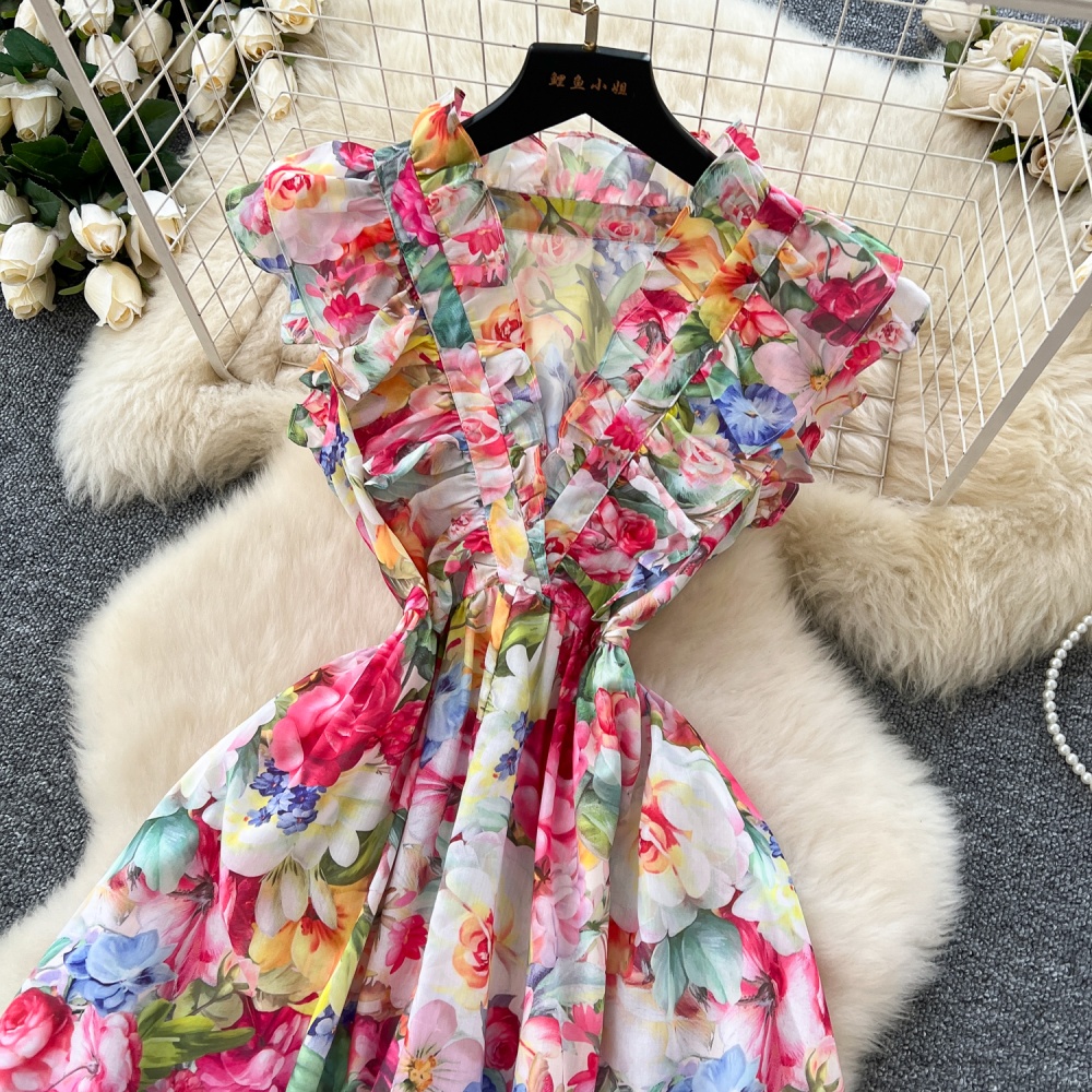 Printing V-neck spring dress temperament slim long dress