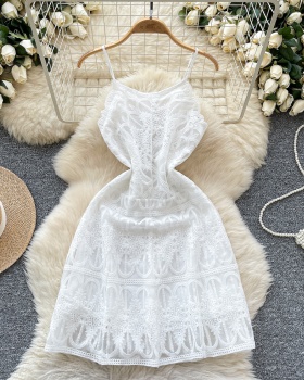 Sweet A-line white pinched waist lady dress