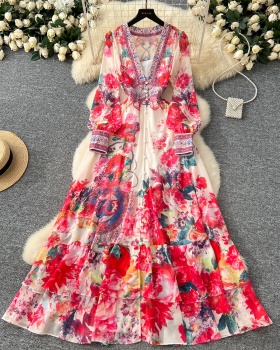 Temperament pinched waist dress printing long dress