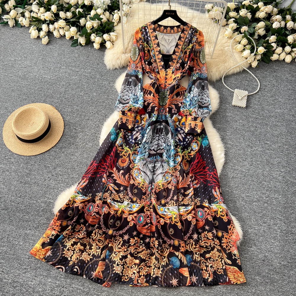 Temperament pinched waist dress printing long dress