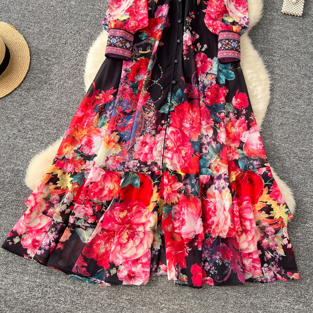 Temperament pinched waist dress printing long dress