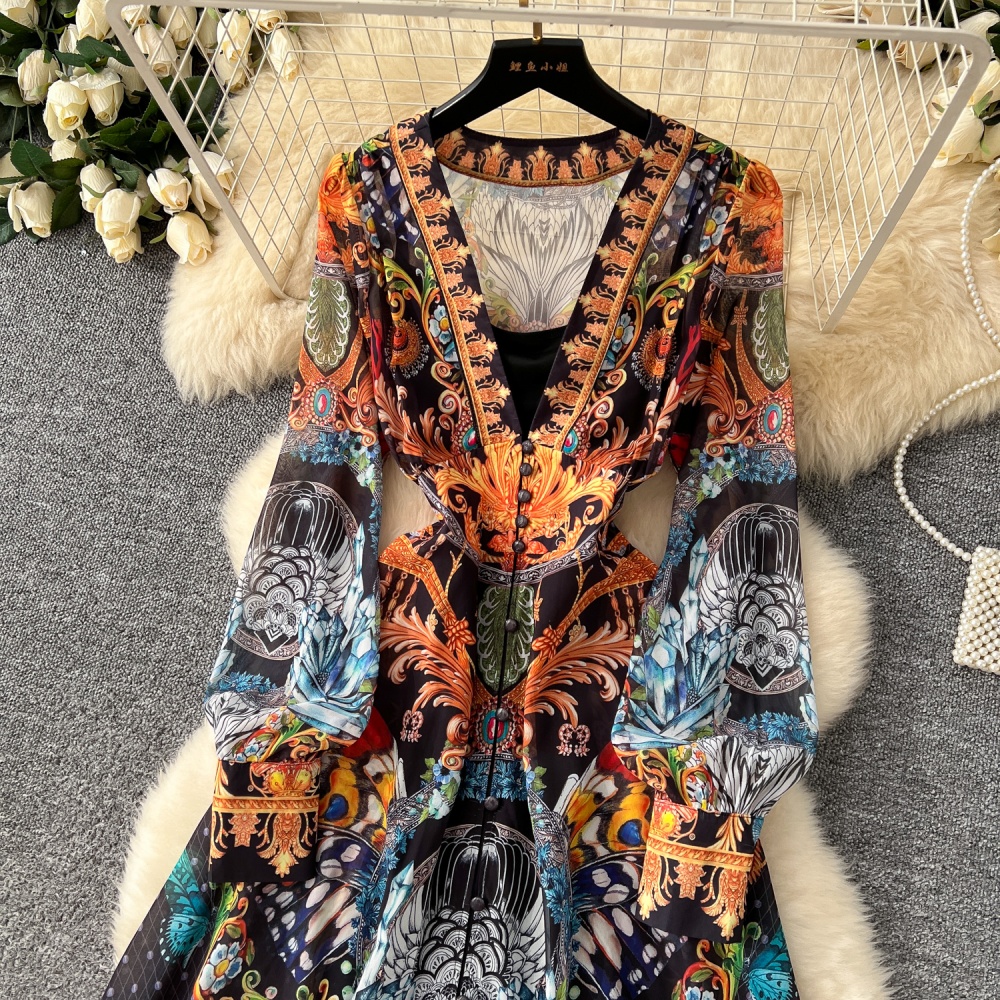 Temperament pinched waist dress printing long dress