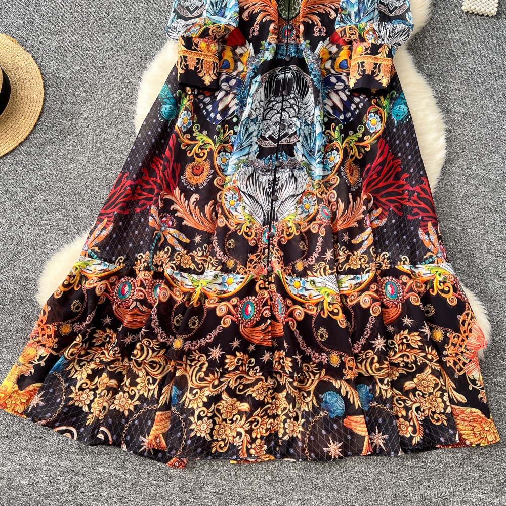 Temperament pinched waist dress printing long dress