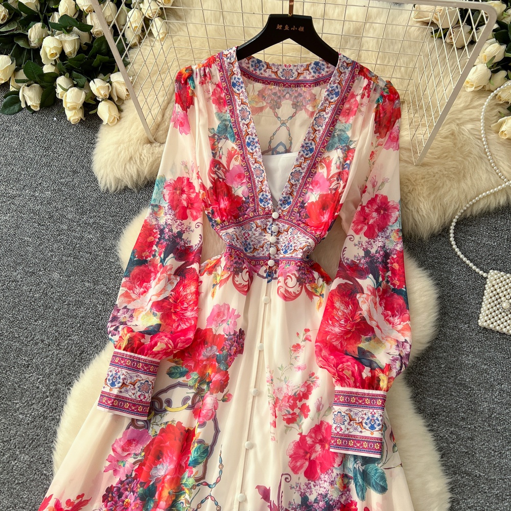 Temperament pinched waist dress printing long dress