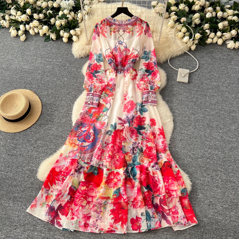 Temperament pinched waist dress printing long dress