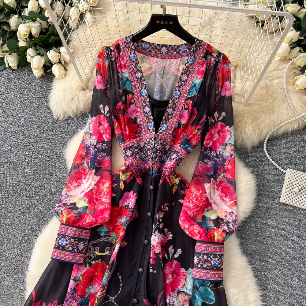 Temperament pinched waist dress printing long dress