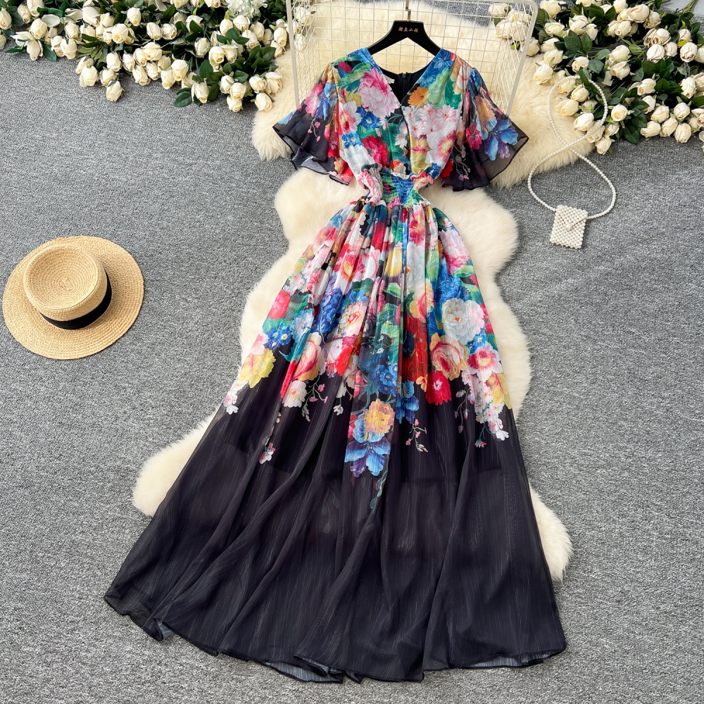 Vacation France style dress summer chiffon long dress for women