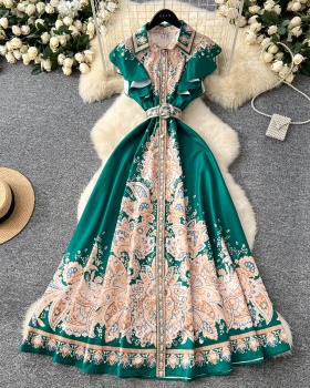 Printing pinched waist lapel long dress retro ladies dress