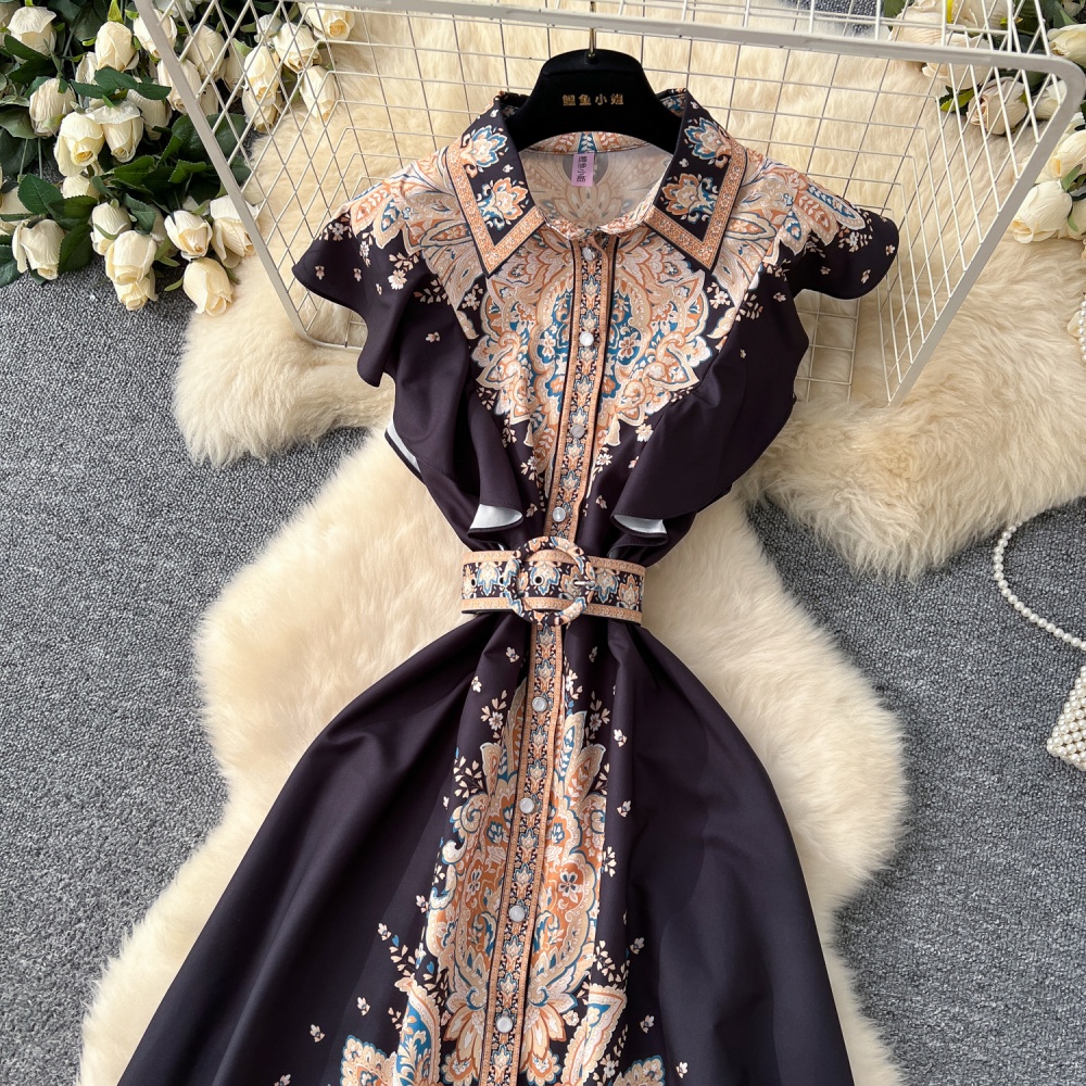 Printing pinched waist lapel long dress retro ladies dress