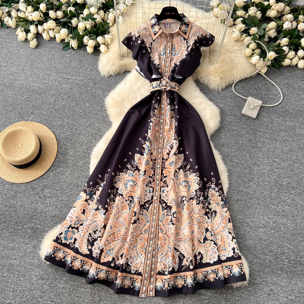 Printing pinched waist lapel long dress retro ladies dress