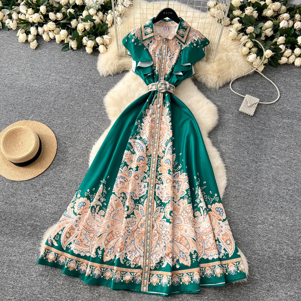 Printing pinched waist lapel long dress retro ladies dress