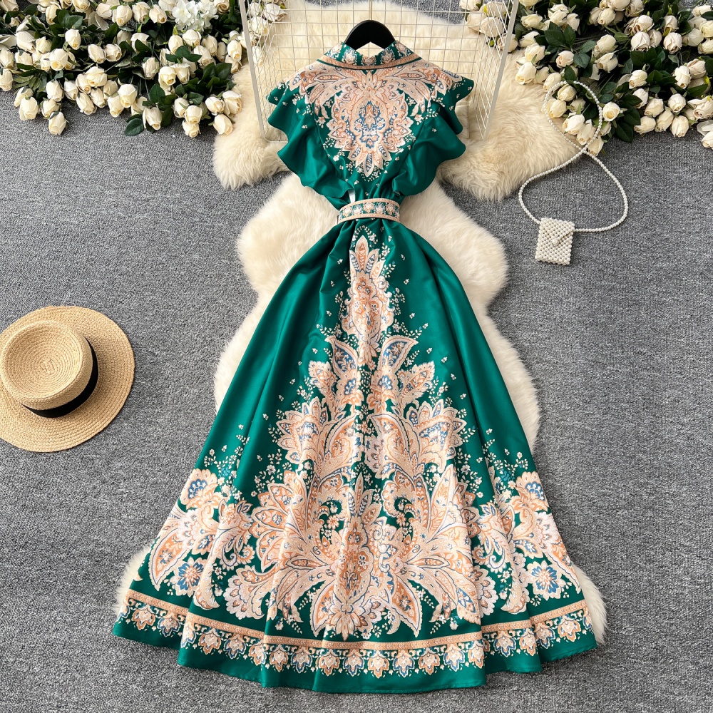 Printing pinched waist lapel long dress retro ladies dress