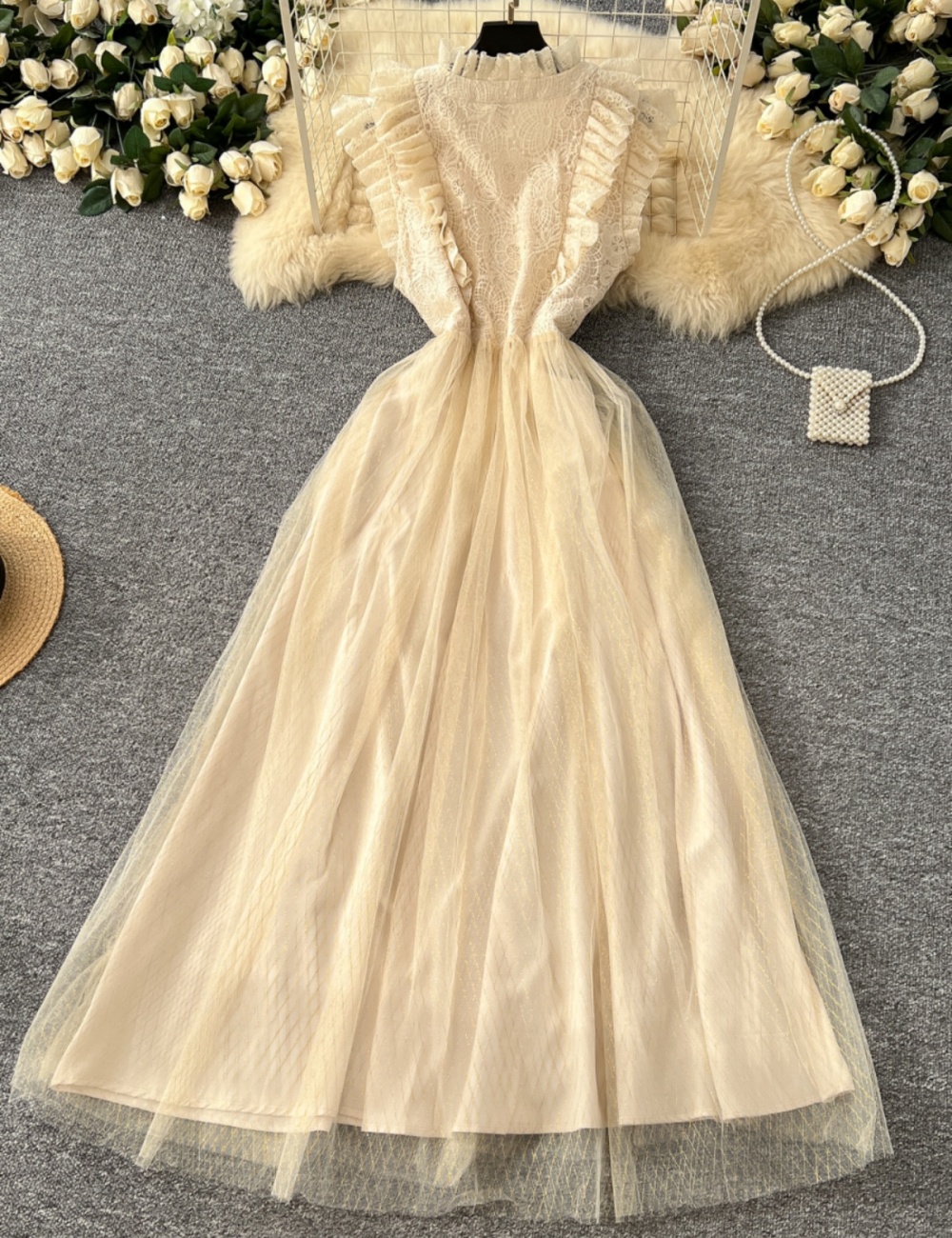 Wood ear liangsi long dress gauze pinched waist dress