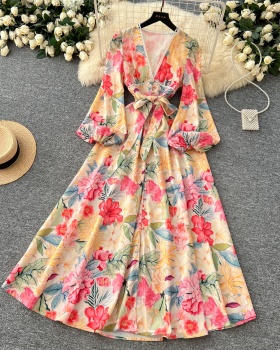 Big skirt single-breasted spring printing long sleeve dress