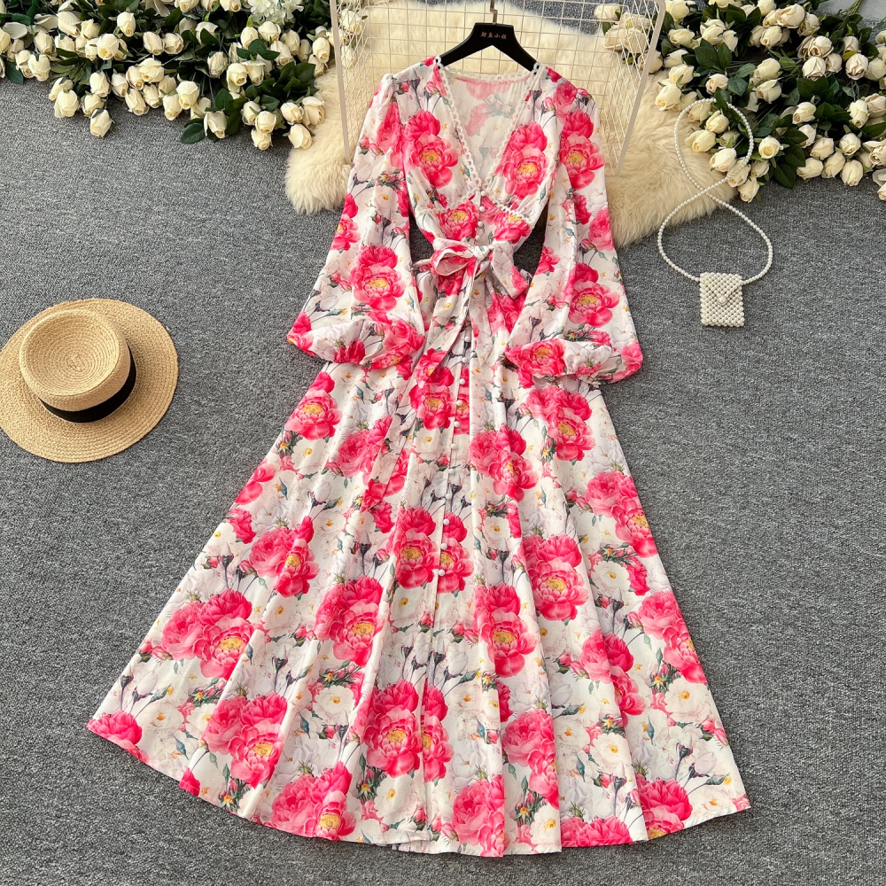 Big skirt single-breasted spring printing long sleeve dress