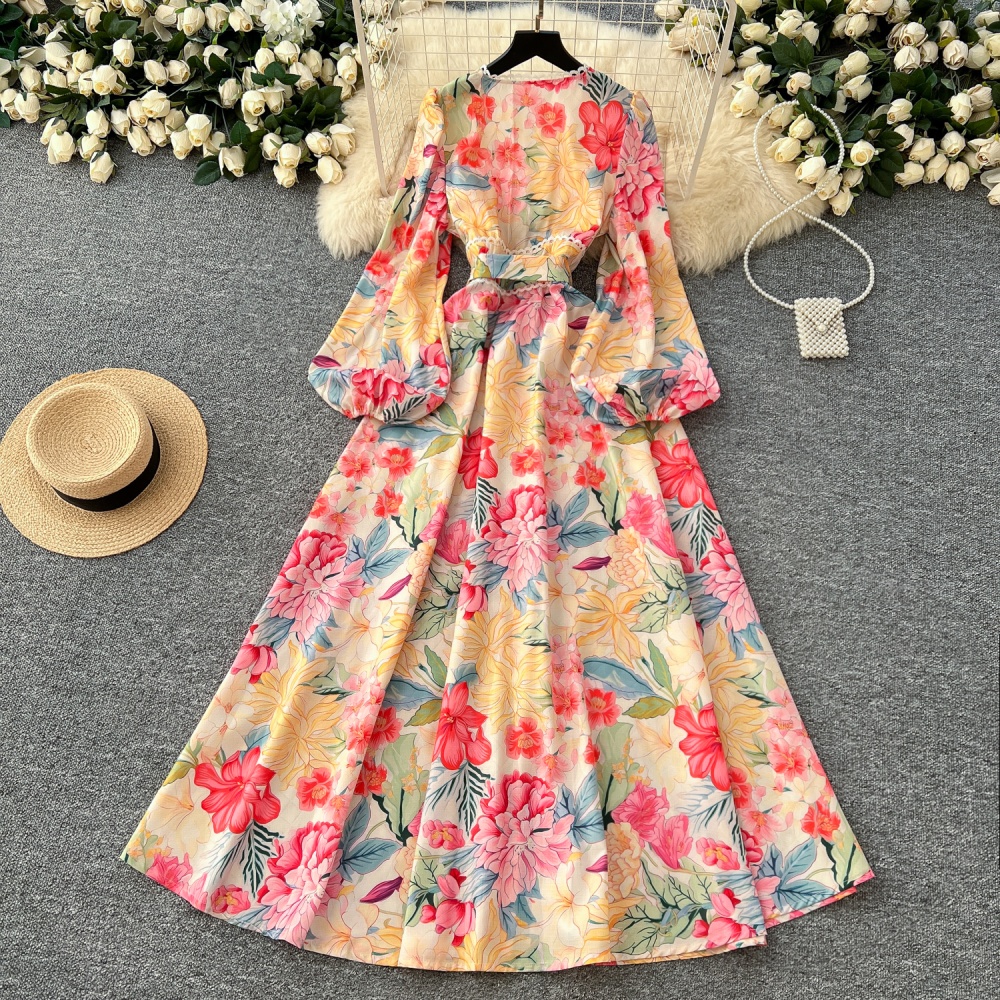 Big skirt single-breasted spring printing long sleeve dress